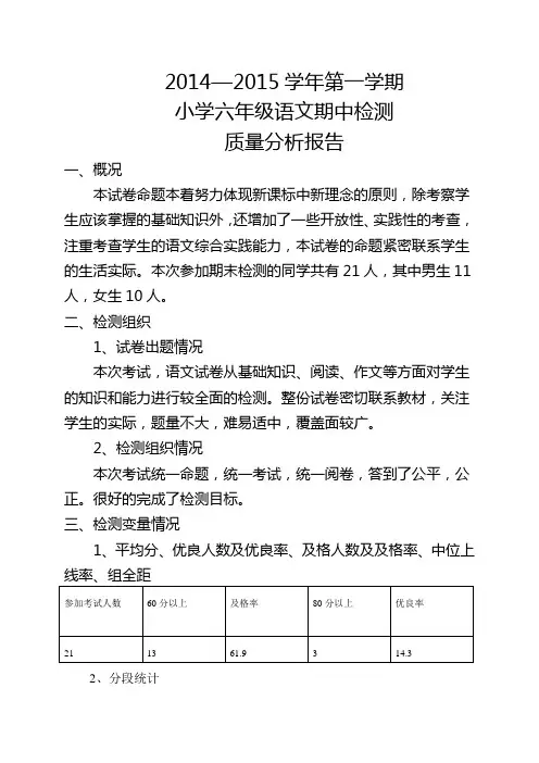 2014—2015学年小学六年级语文质量分析报告