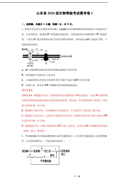 2020年高考生物全真模拟试卷1(山东新高考)