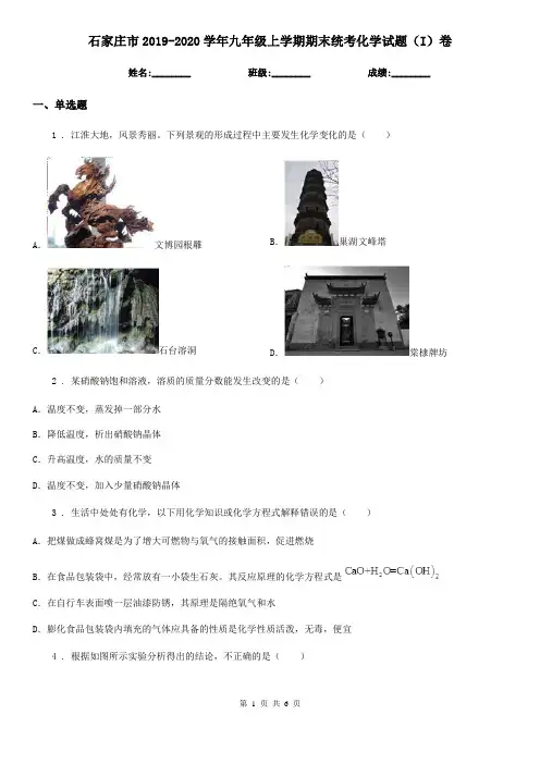 石家庄市2019-2020学年九年级上学期期末统考化学试题(I)卷