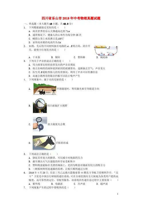 四川省乐山市2019年中考物理真题试题(含解析)