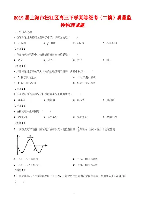 2019届上海市松江区高三下学期等级考(二模)质量监控物理试题(word版)