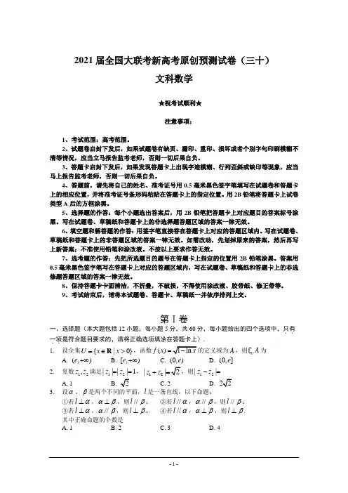 2021届全国大联考新高考原创预测试卷(三十)文科数学