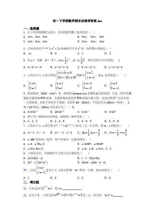 初一下学期数学期末试卷带答案doc