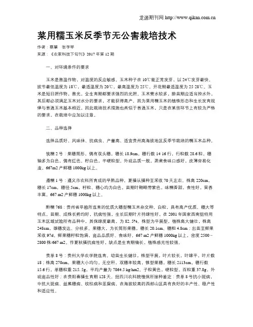 菜用糯玉米反季节无公害栽培技术