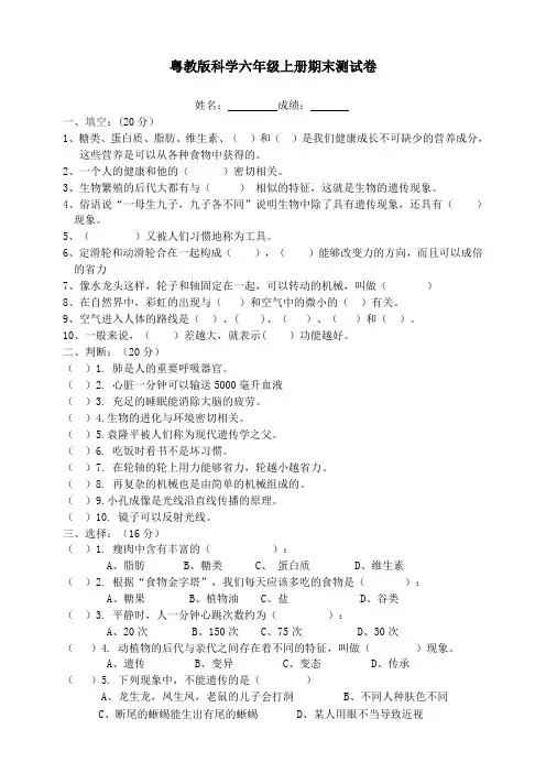 粤教粤科版科学六年级上册期末测试卷