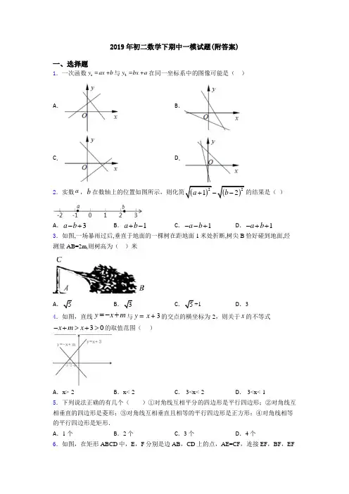 2019年初二数学下期中一模试题(附答案)