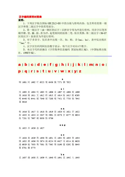 汉字编码简明对照表