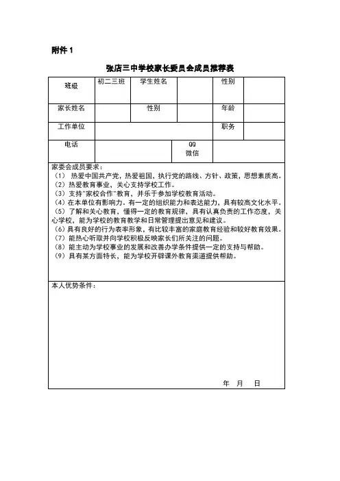 家长委员会人员推荐表