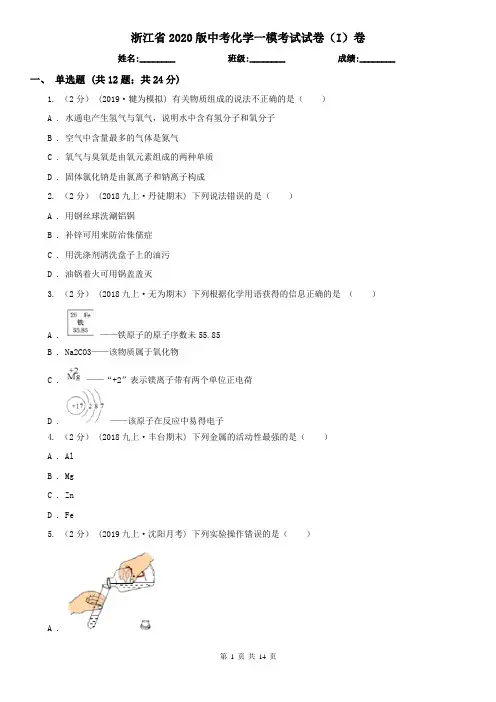 浙江省2020版中考化学一模考试试卷(I)卷(新版)