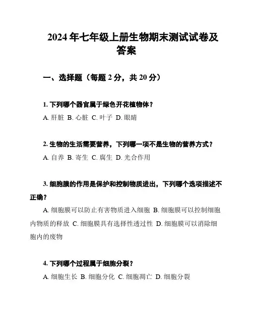 2024年七年级上册生物期末测试试卷及答案