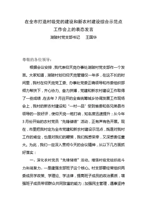 在全市打造村级党的建设和新农村建设综合示范点工作会上的表态发言