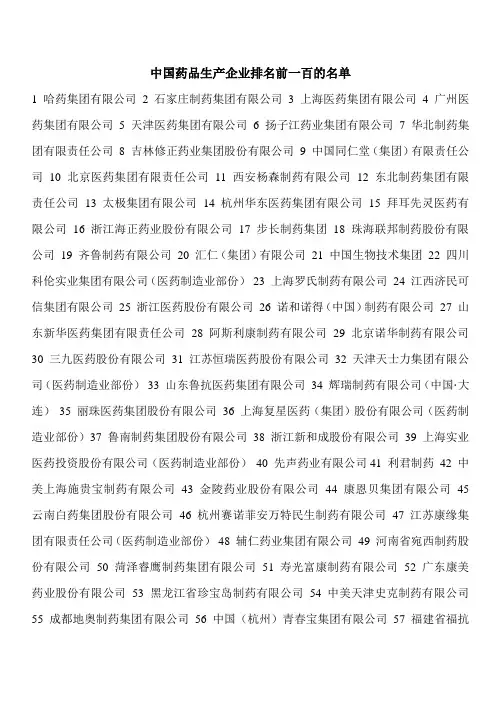 中国药品生产企业排名前一百的名单