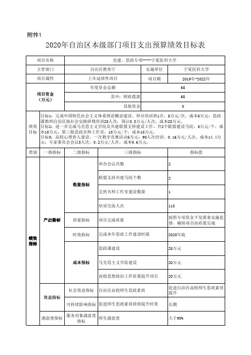 2020年自治区本级部门项目支出预算绩效目标表