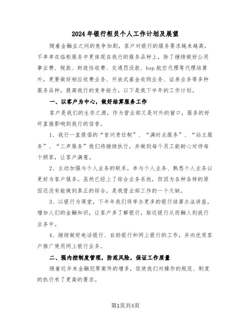 2024年银行柜员个人工作计划及展望(二篇)