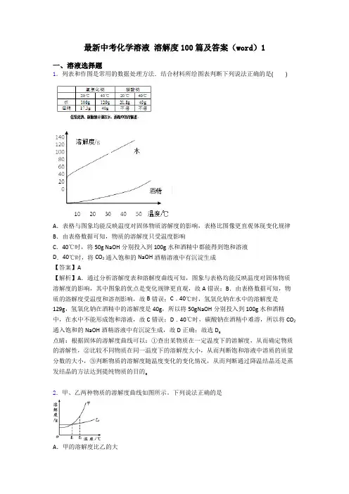 最新中考化学溶液 溶解度100篇及答案(word)1