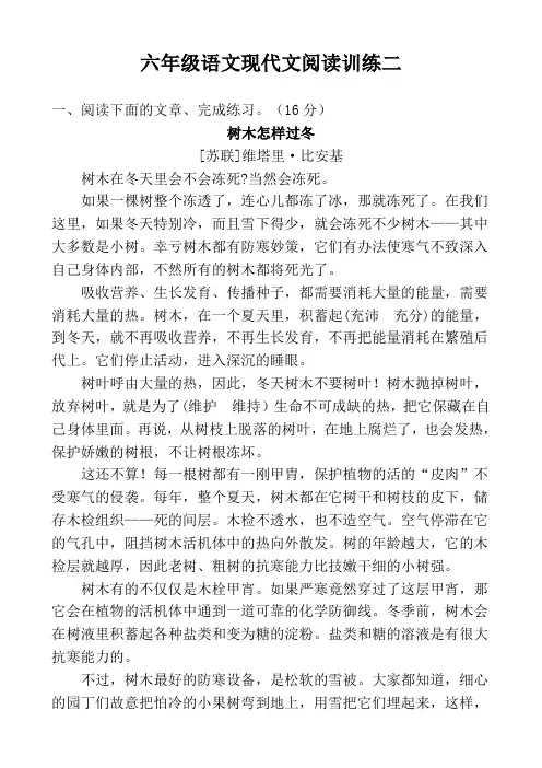 部编人教版六年级下册语文：现代文阅读训练二及答案