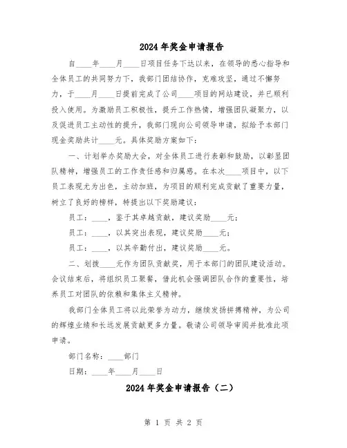 2024年奖金申请报告（二篇）