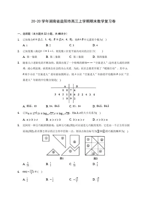 20-20学年湖南省益阳市高三上学期期末数学复习卷 (有解析)