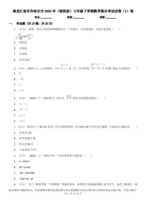 黑龙江省齐齐哈尔市2020年(春秋版)七年级下学期数学期末考试试卷(I)卷