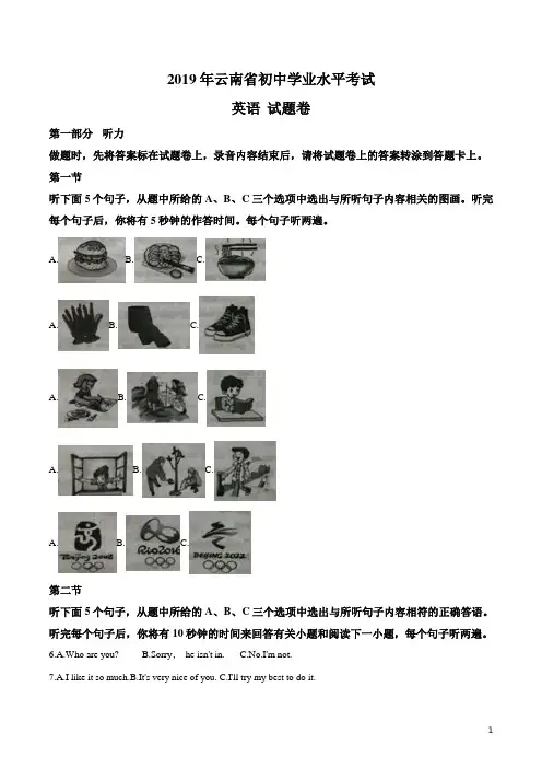 精品解析：云南省2019年中考英语试题(原卷版)