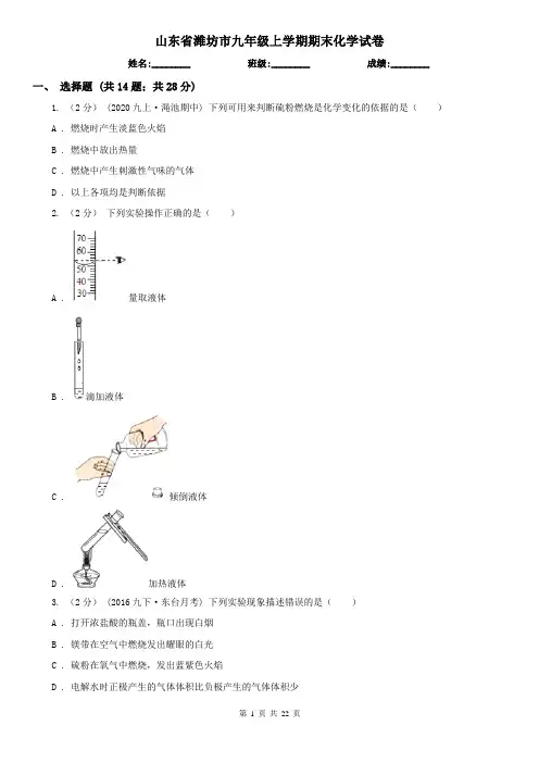 山东省潍坊市九年级上学期期末化学试卷