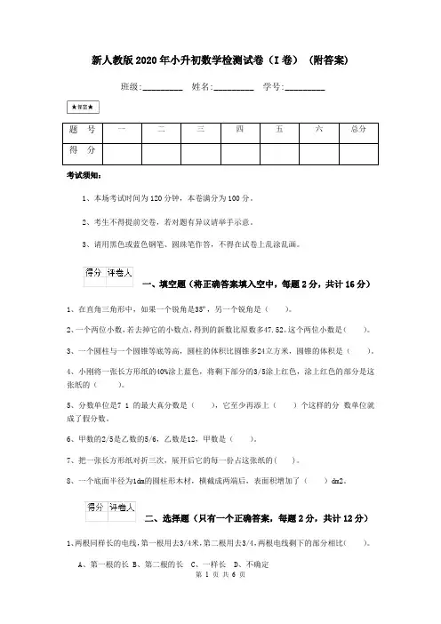 新人教版2020年小升初数学检测试卷(I卷) (附答案)