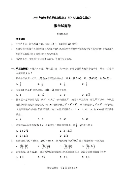 2024届高三新高考改革数学适应性练习(3)(九省联考题型)试题含答案