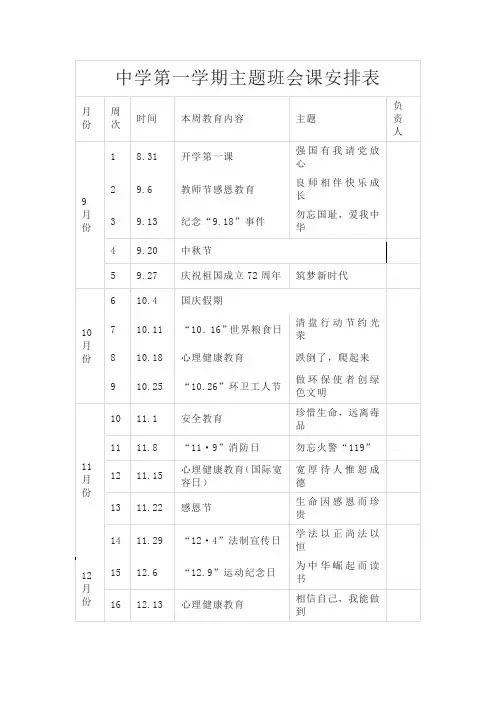 中学第一学期主题班会课安排表