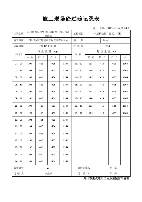 施工现场砼过磅记录表 2