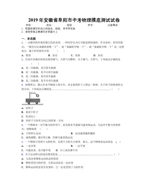 最新2019年安徽省阜阳市中考物理摸底测试试卷及解析
