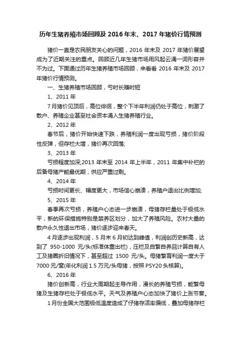 历年生猪养殖市场回顾及2016年末、2017年猪价行情预测