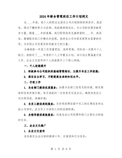 2024年综合管理岗位工作计划例文（五篇）