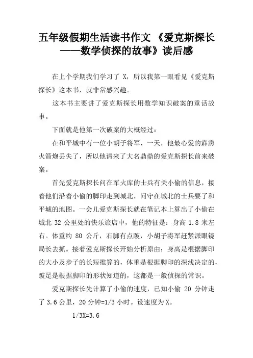 五年级假期生活读书作文 《爱克斯探长——数学侦探的故事》读后感