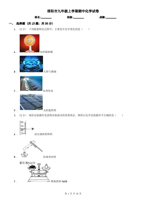 邵阳市九年级上学期期中化学试卷