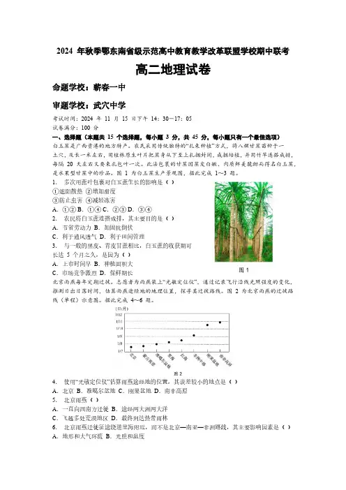 2024-2025学年湖北省鄂东南联盟高二上学期期中地理试题及答案
