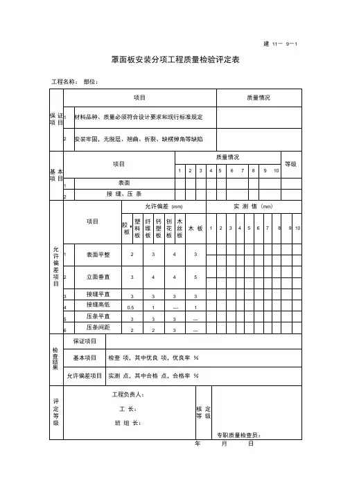 罩面板安装分项工程质量检验评定表