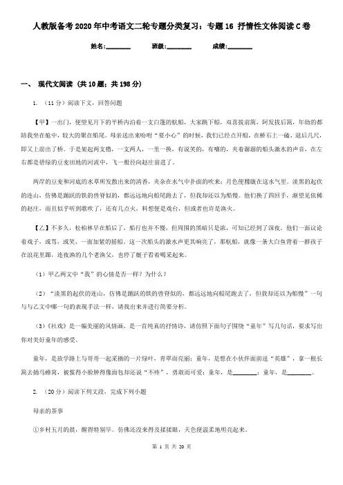 人教版备考2020年中考语文二轮专题分类复习：专题16 抒情性文体阅读C卷