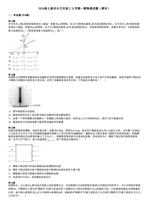 2024届上海市长宁区高三上学期一模物理试题(期末)