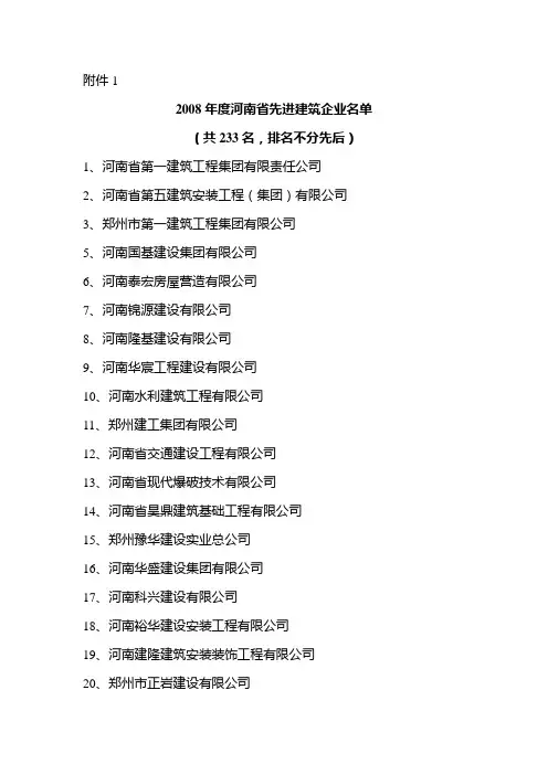 2008年度河南省先进建筑企业名单