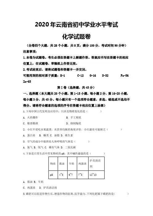 2020年云南省初中学业水平考试化学试卷(有详细解析)
