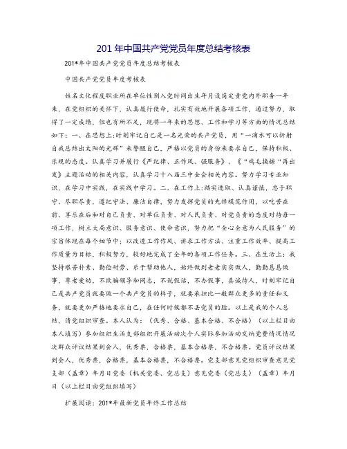 201年中国共产党党员年度总结考核表