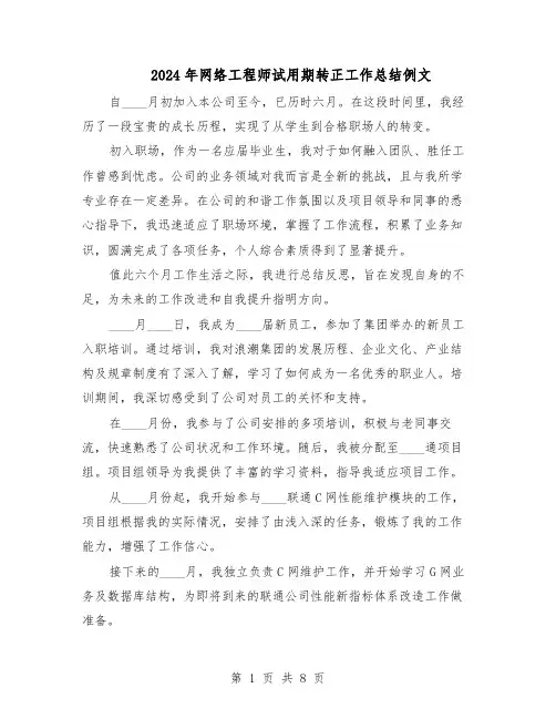 2024年网络工程师试用期转正工作总结例文（5篇）