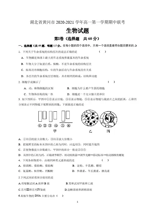 湖北省黄冈市2020-2021学年高一第一学期期中联考生物试题(含答案)