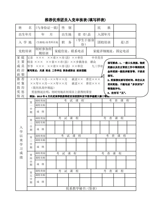 推荐优秀团员入党审核表(填写样表)