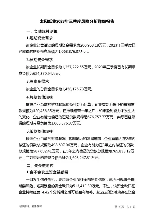002078太阳纸业2023年三季度财务风险分析详细报告