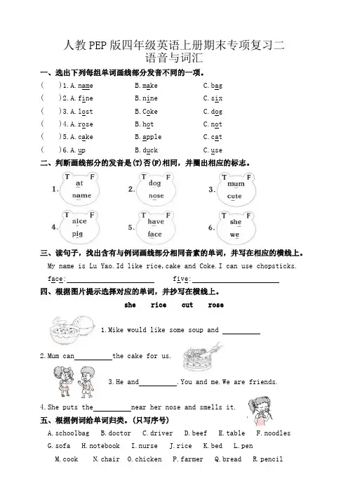 人教PEP版四年级英语上册期末专项复习二语音与词汇