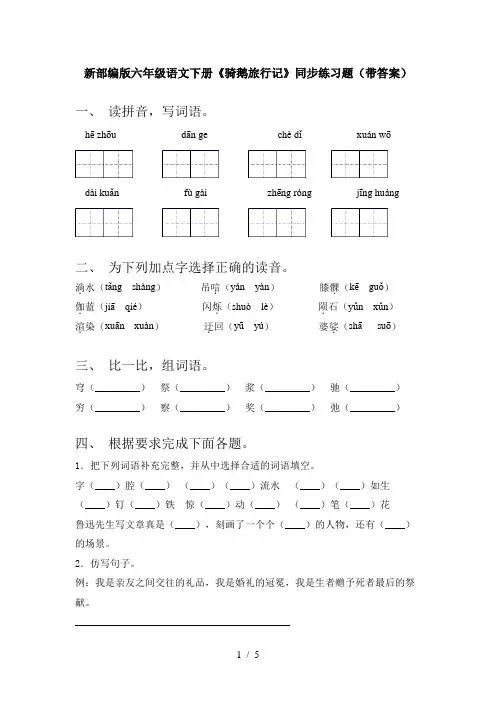 新部编版六年级语文下册《骑鹅旅行记》同步练习题(带答案)