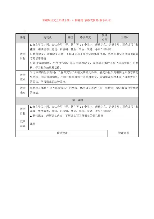 【新教材】部编版语文五年级下册：4 梅花魂 表格式教案(教学设计)