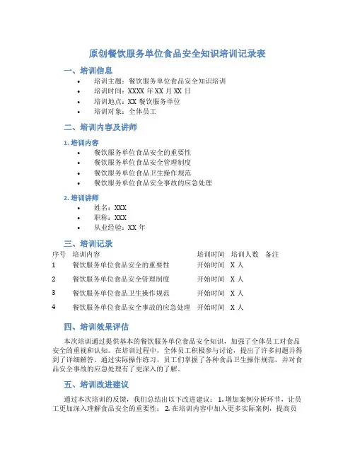 原创餐饮服务单位食品安全知识培训记录表