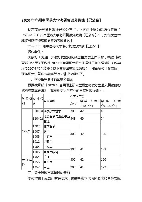 2020年广州中医药大学考研复试分数线【已公布】